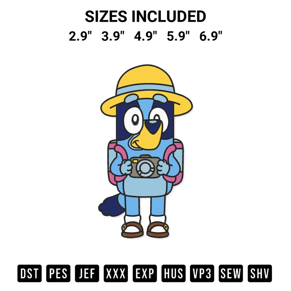 Download the Bluey Safari Tourist Embroidery Design machine embroidery design exclusively at Designspacks.com. Premium digitized pattern for apparel and DIY crafts. Available sizes: 2.9", 3.9", 4.9", 5.9", 6.9".