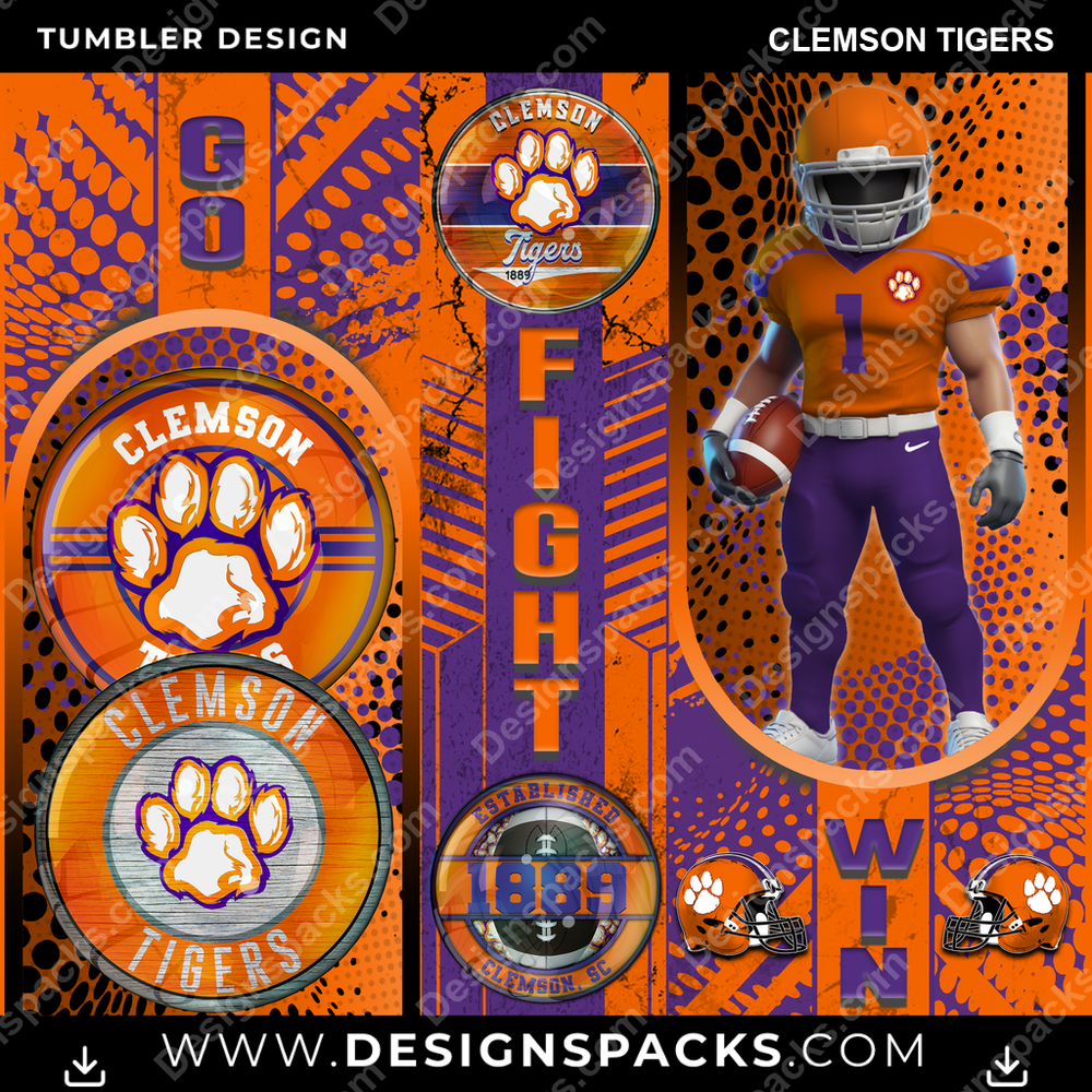 College Sport Go Fight Win Clemson Tigers NCAA College Sport Tumbler Digital Wrap Design Download