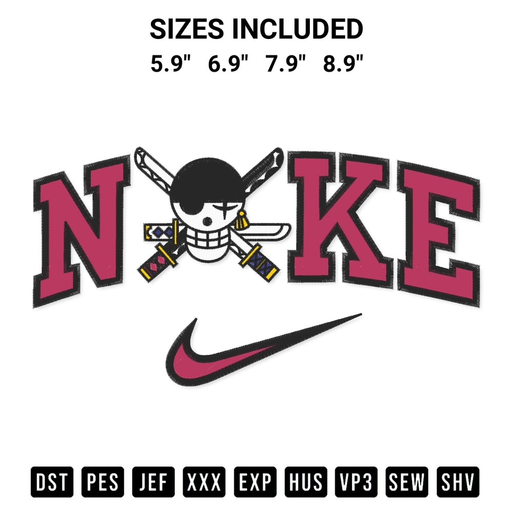 Add a unique touch to your apparel with the Zoro Pirates Logo X Nike Embroidery Design embroidery file. Premium instant download available now on Designspacks.com. Available sizes: 5.9", 6.9", 7.9", 8.9".