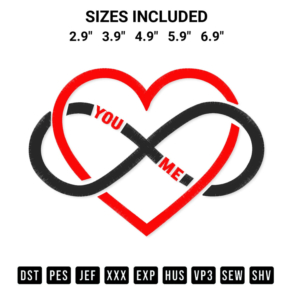 Transform your fabrics with the Infinity Heart You Me Embroidery Design embroidery design. Instant access to premium digitized patterns at Designspacks.com. Available sizes: 2.9", 3.9", 4.9", 5.9", 6.9".