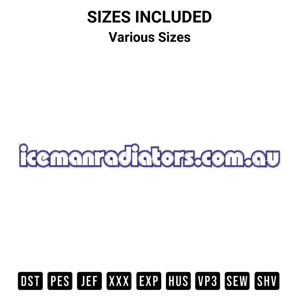 Get the Iceman Radiators Website Logo Embroidery Design embroidery design for your custom crafts! Premium digitized files available for instant download at Designspacks.com. Available sizes: Various Sizes.