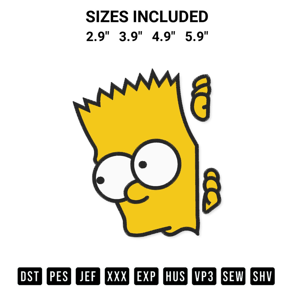 Elevate your next project with our Bart Simpson Side Peek Embroidery Design embroidery file. Shop high-quality digital patterns instantly at Designspacks.com. Available sizes: 2.9", 3.9", 4.9", 5.9".