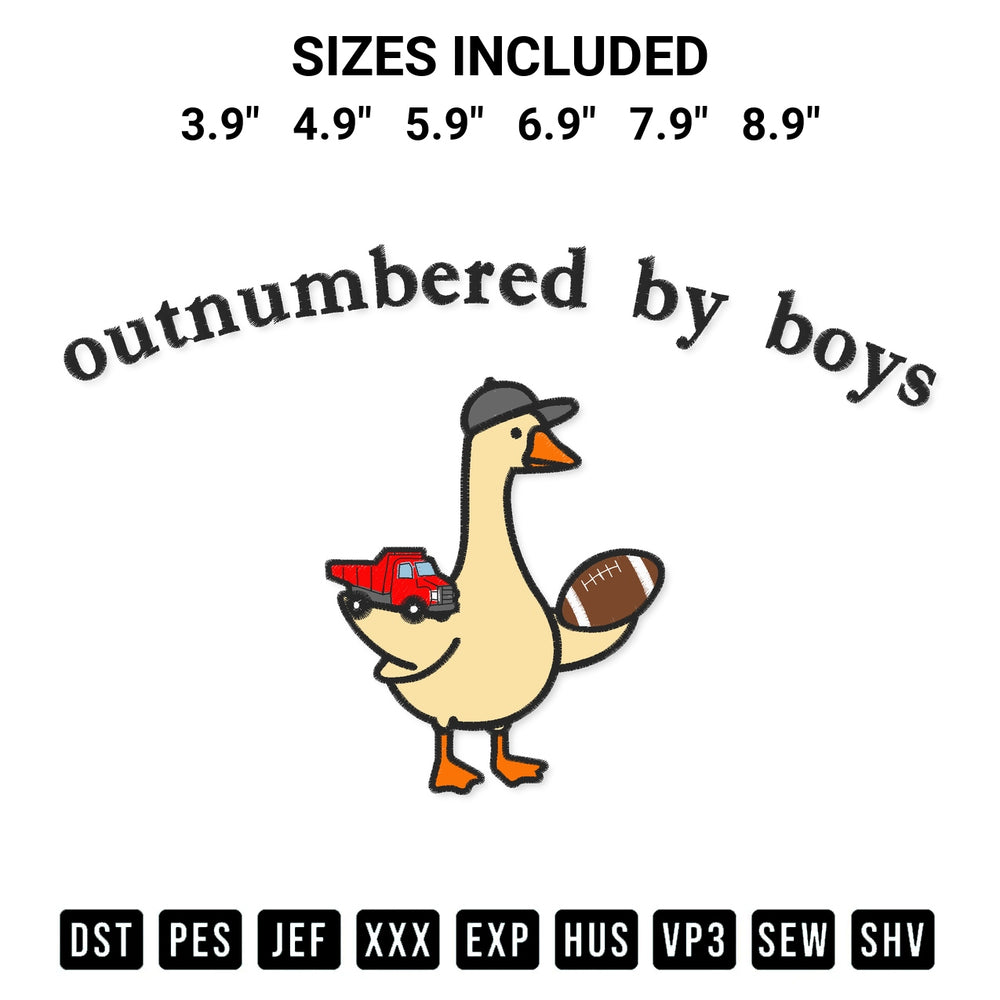 Transform your fabrics with the Outnumbered By Boy Mom Goose Embroidery Design embroidery design. Instant access to premium digitized patterns at Designspacks.com. Available sizes: 3.9", 4.9", 5.9", 6.9", 7.9", 8.9".