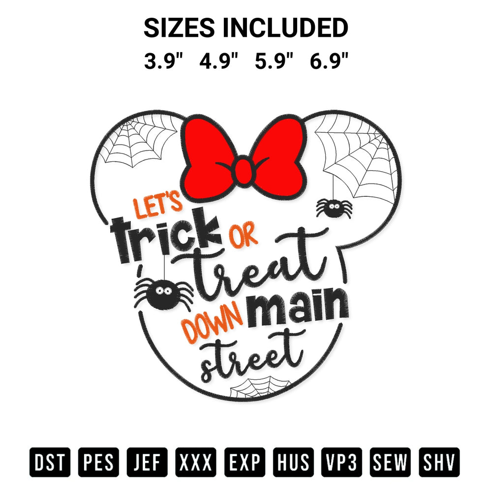 Looking for the perfect pattern? Download the Lets Trick Or Treat Down Main Street Minnie Embroidery Design embroidery design today at Designspacks.com. Crisp, clean stitching guaranteed. Available sizes: 3.9", 4.9", 5.9", 6.9".