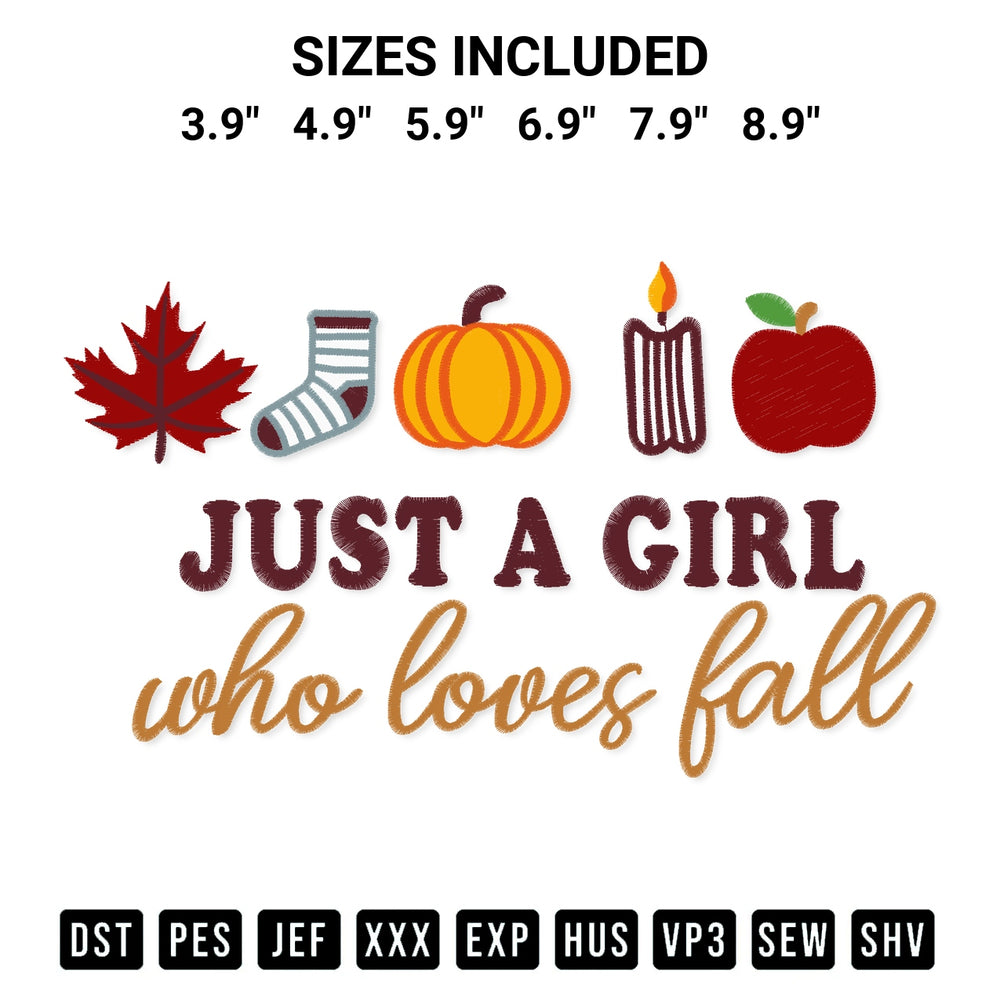 Discover the perfect addition to your crafting collection: Girl Loves Fall Embroidery Design embroidery file. Instantly available at Designspacks.com. Available sizes: 3.9", 4.9", 5.9", 6.9", 7.9", 8.9".