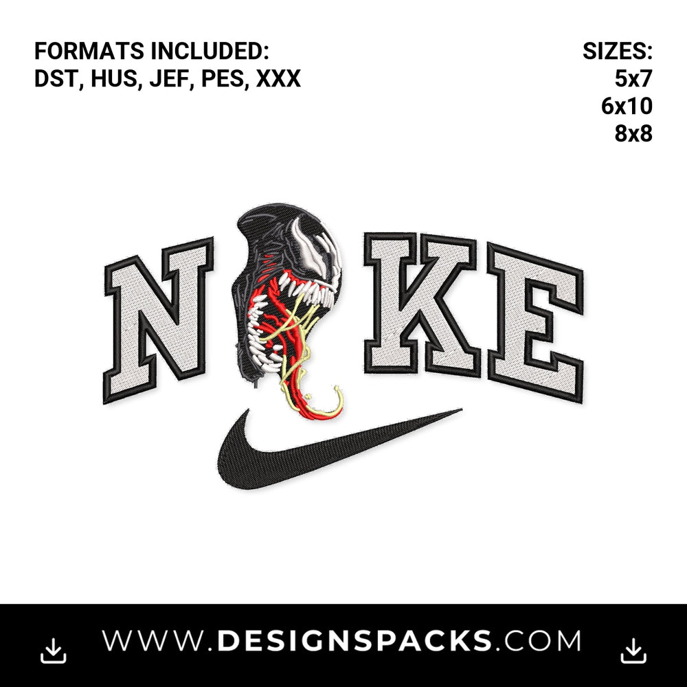 Venom Nike Swoosh Varsity Letters Embroidery Design - Instant digital download pattern at Designspacks.com