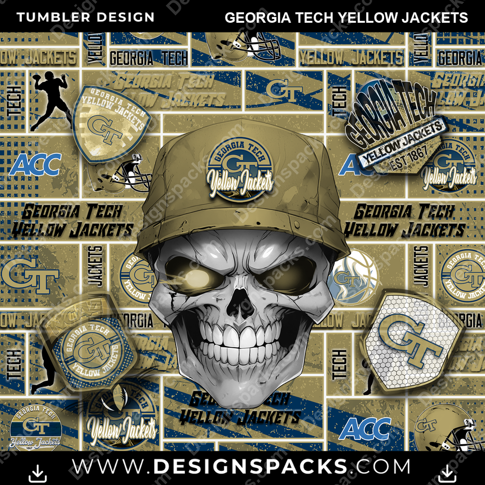 College Sport Skull Georgia Tech Yellow Jackets NCAA College Sport Tumbler Digital Wrap Design Download