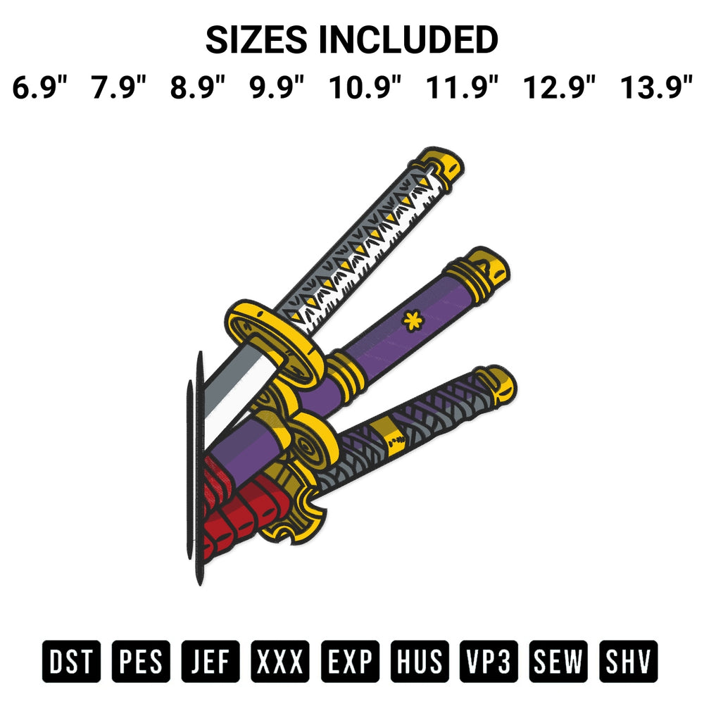 Get the Three Katana Embroidery Design embroidery design for your custom crafts! Premium digitized files available for instant download at Designspacks.com. Available sizes: 6.9", 7.9", 8.9", 9.9", 10.9", 11.9", 12.9", 13.9".