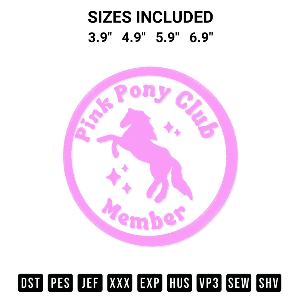 Download the Pink Pony Club Member Embroidery Design machine embroidery design exclusively at Designspacks.com. Premium digitized pattern for apparel and DIY crafts. Available sizes: 3.9", 4.9", 5.9", 6.9".