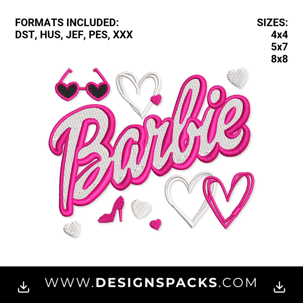 Barbie Script with Hearts and Sunglasses Embroidery Design - Instant digital download pattern at Designspacks.com