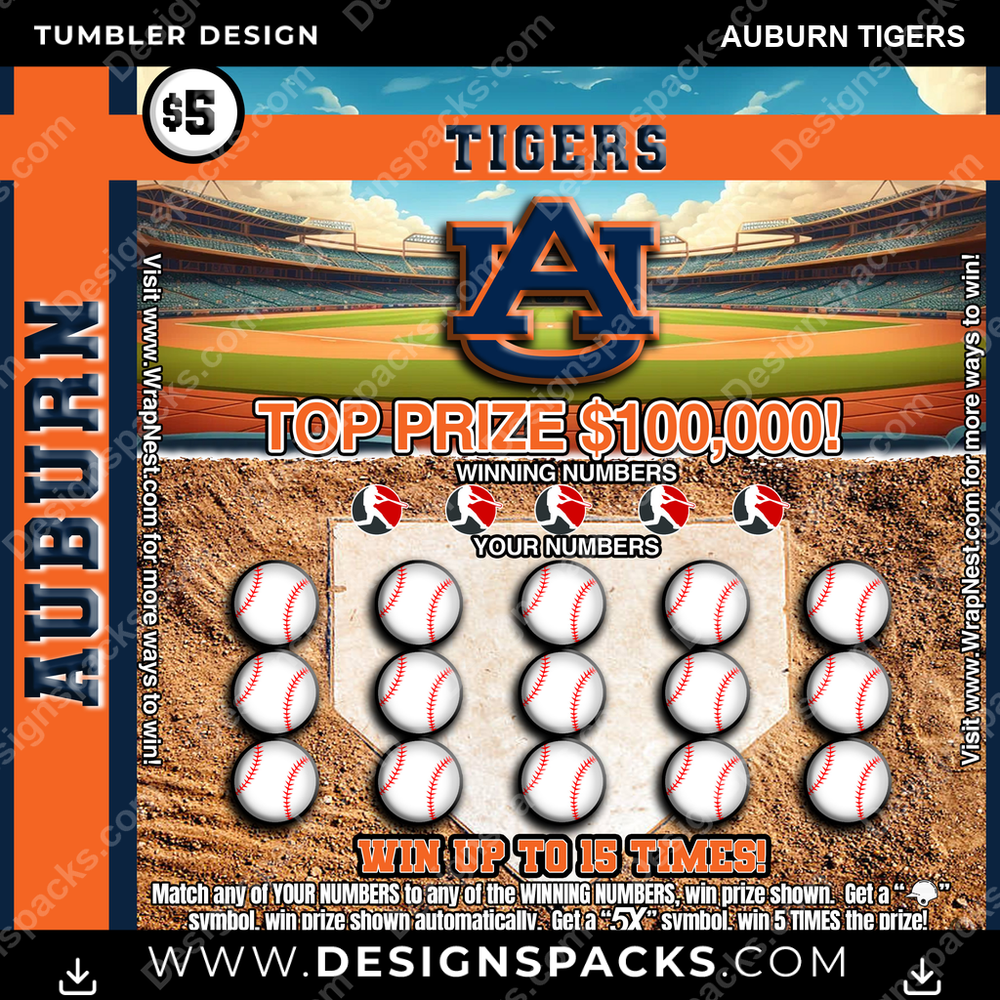 College Sport Lottery Ticket (BASEBALL) Auburn Tigers Tumbler Digital Wrap Design
