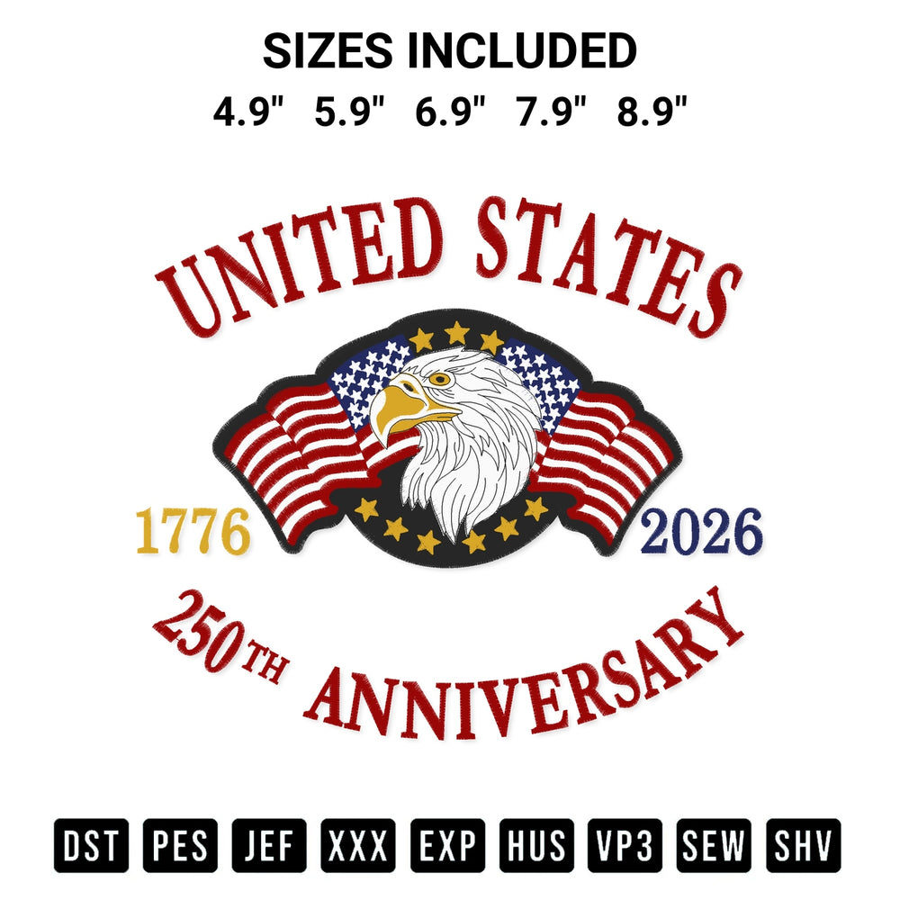 Looking for the perfect pattern? Download the United States 250Th Anniversary Usa 1776 2026 Embroidery Design embroidery design today at Designspacks.com. Crisp, clean stitching guaranteed. Available sizes: 4.9", 5.9", 6.9", 7.9", 8.9".