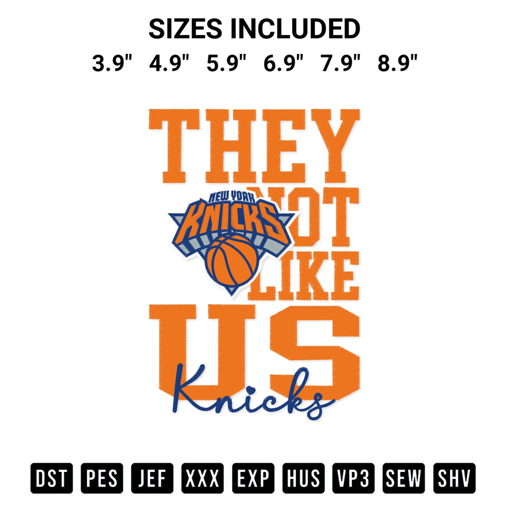 Download the They Not Like Us New York Knicks Embroidery Design machine embroidery design exclusively at Designspacks.com. Premium digitized pattern for apparel and DIY crafts. Available sizes: 3.9", 4.9", 5.9", 6.9", 7.9", 8.9".