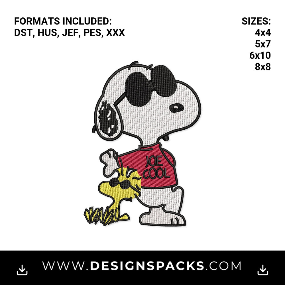 Joe Cool Snoopy and Woodstock Embroidery Design - Instant digital download pattern at Designspacks.com