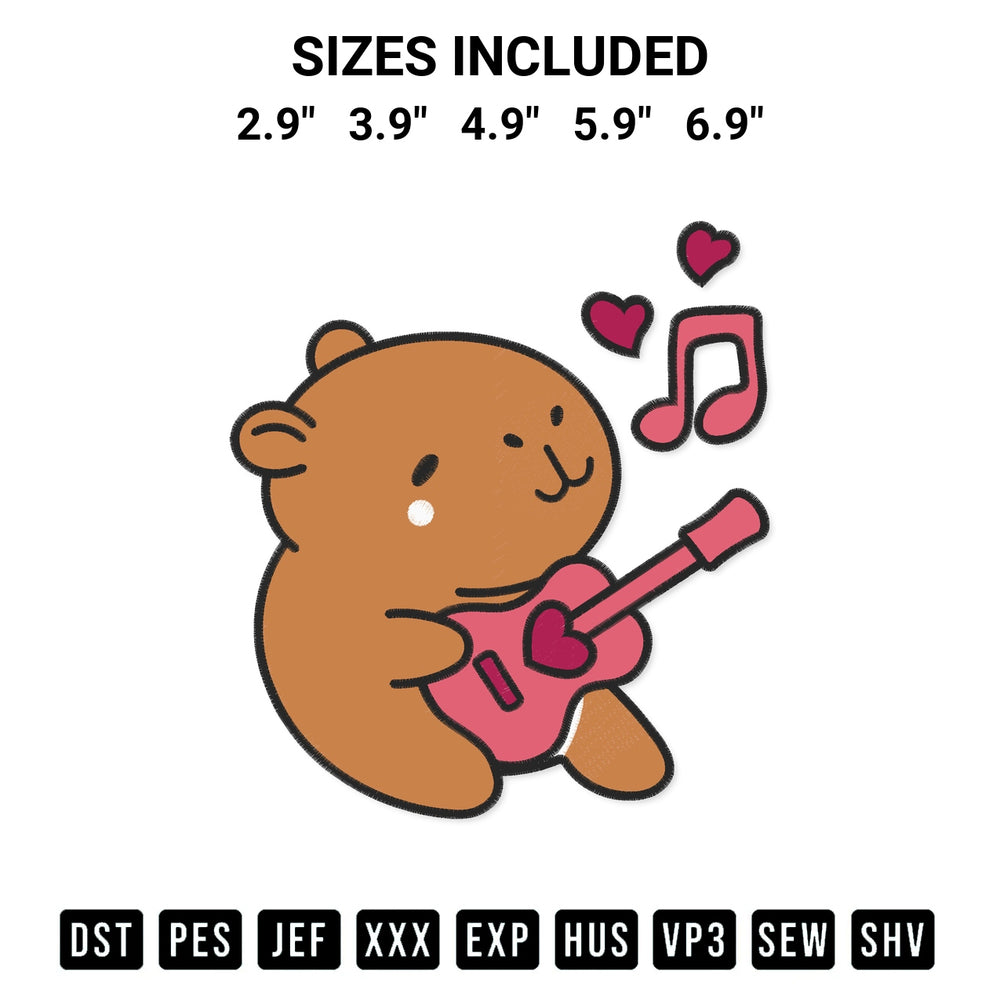Discover the perfect addition to your crafting collection: Capybara Playing Guitar Embroidery Design embroidery file. Instantly available at Designspacks.com. Available sizes: 2.9", 3.9", 4.9", 5.9", 6.9".
