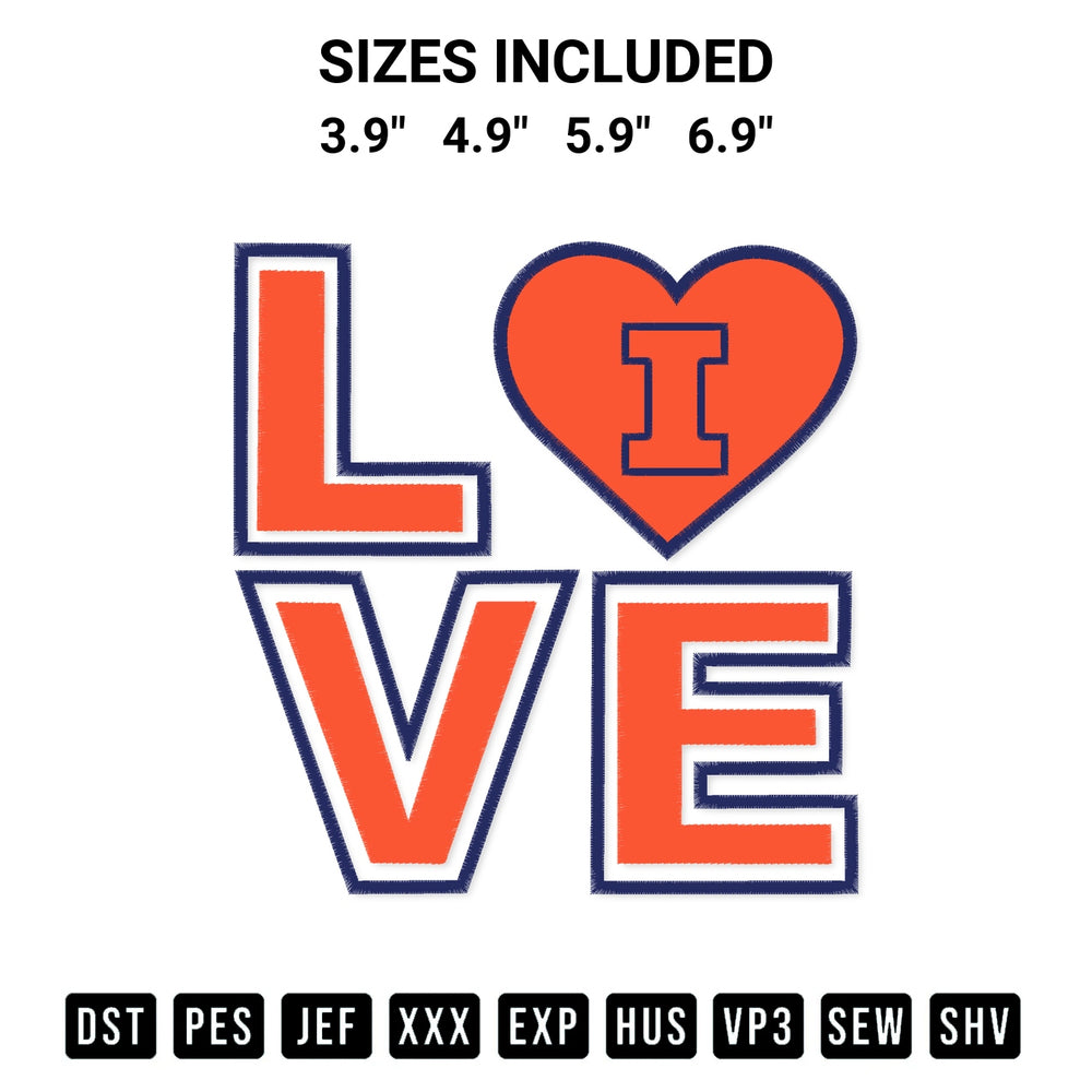 Download the Love Illinois Fighting Illini Embroidery Design machine embroidery design exclusively at Designspacks.com. Premium digitized pattern for apparel and DIY crafts. Available sizes: 3.9", 4.9", 5.9", 6.9".