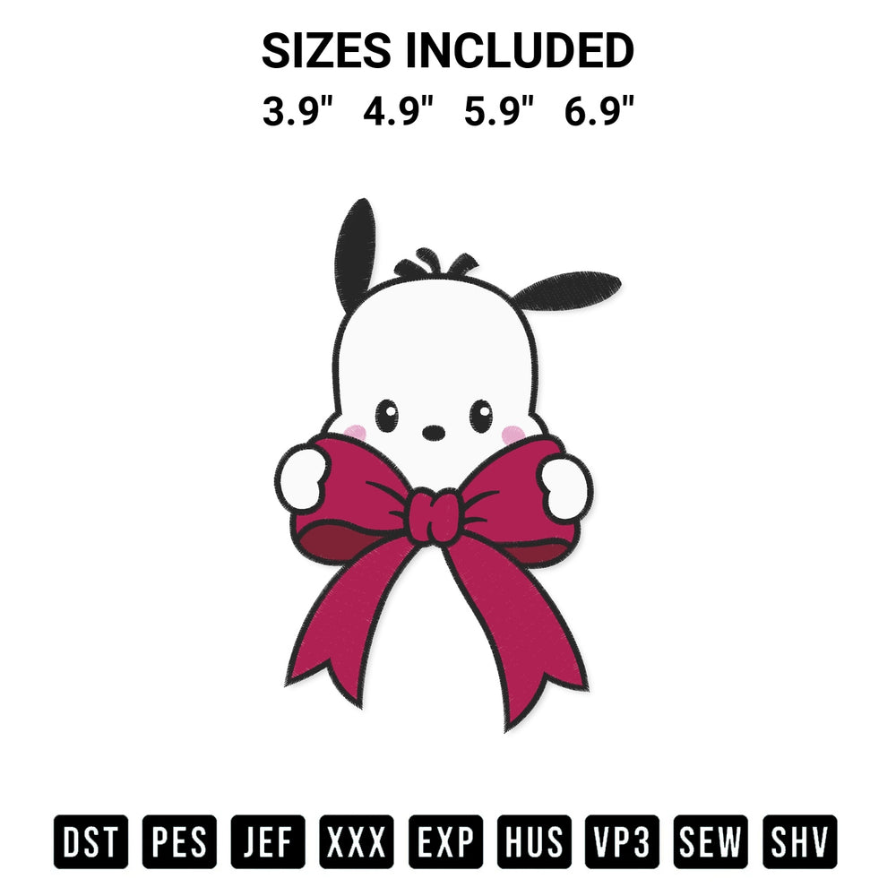 Discover the perfect addition to your crafting collection: Pochacco Coquette Bow Embroidery Design embroidery file. Instantly available at Designspacks.com. Available sizes: 3.9", 4.9", 5.9", 6.9".