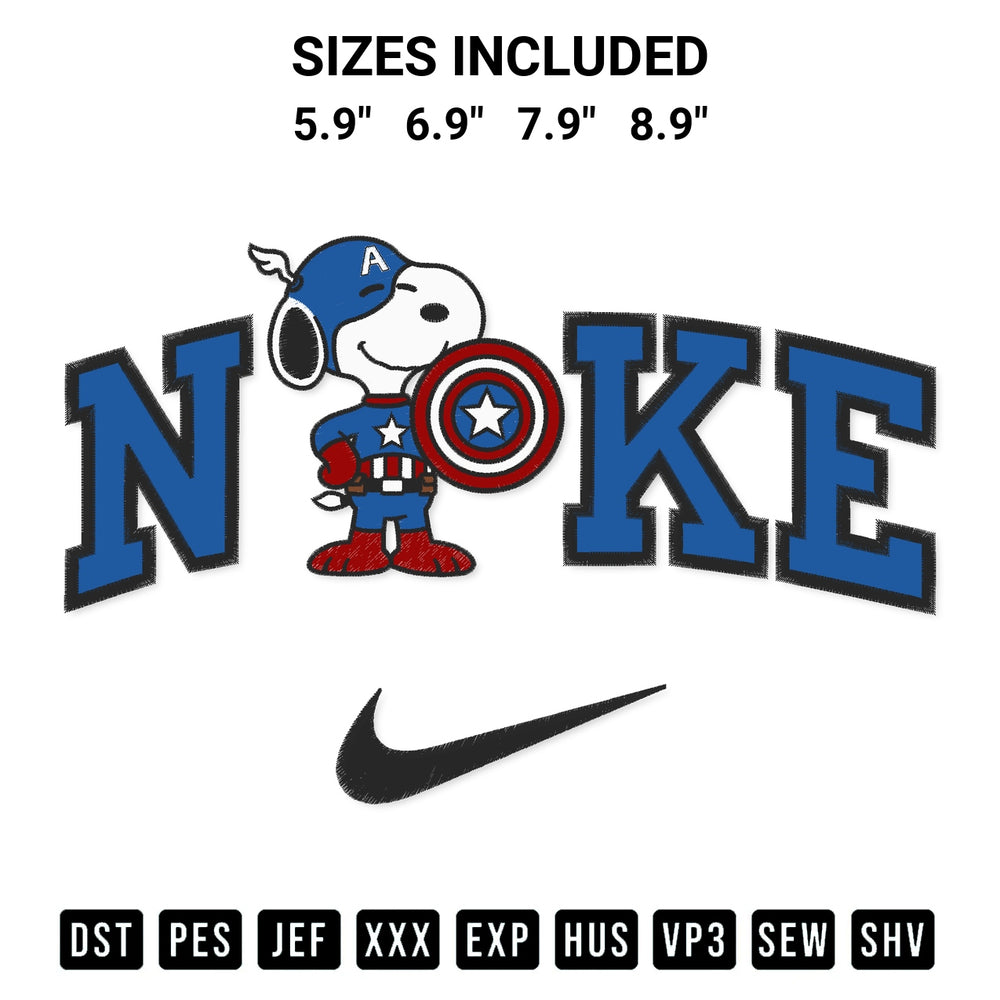 Elevate your next project with our Snoopy Captain America X Nike Embroidery Design embroidery file. Shop high-quality digital patterns instantly at Designspacks.com. Available sizes: 5.9", 6.9", 7.9", 8.9".