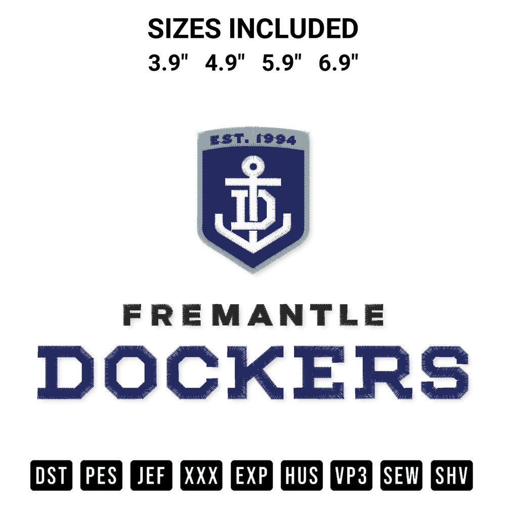 Stitch like a pro with the Afl Fremantle Dockers Logo Embroidery Design embroidery pattern from Designspacks.com. High-quality digital machine embroidery file. Available sizes: 3.9", 4.9", 5.9", 6.9".