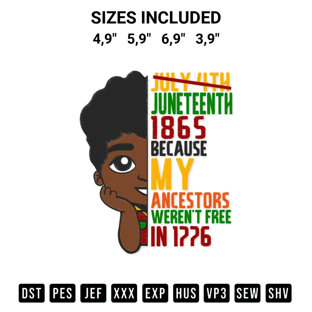 Transform your fabrics with the Black Boy July 4Th Juneteenth 1865 Because My Ancestors Werent Free In 1776 Logo Embroidery Design embroidery design. Instant access to premium digitized patterns at Designspacks.com. Available sizes: 4,9", 5,9", 6,9", 3,9".