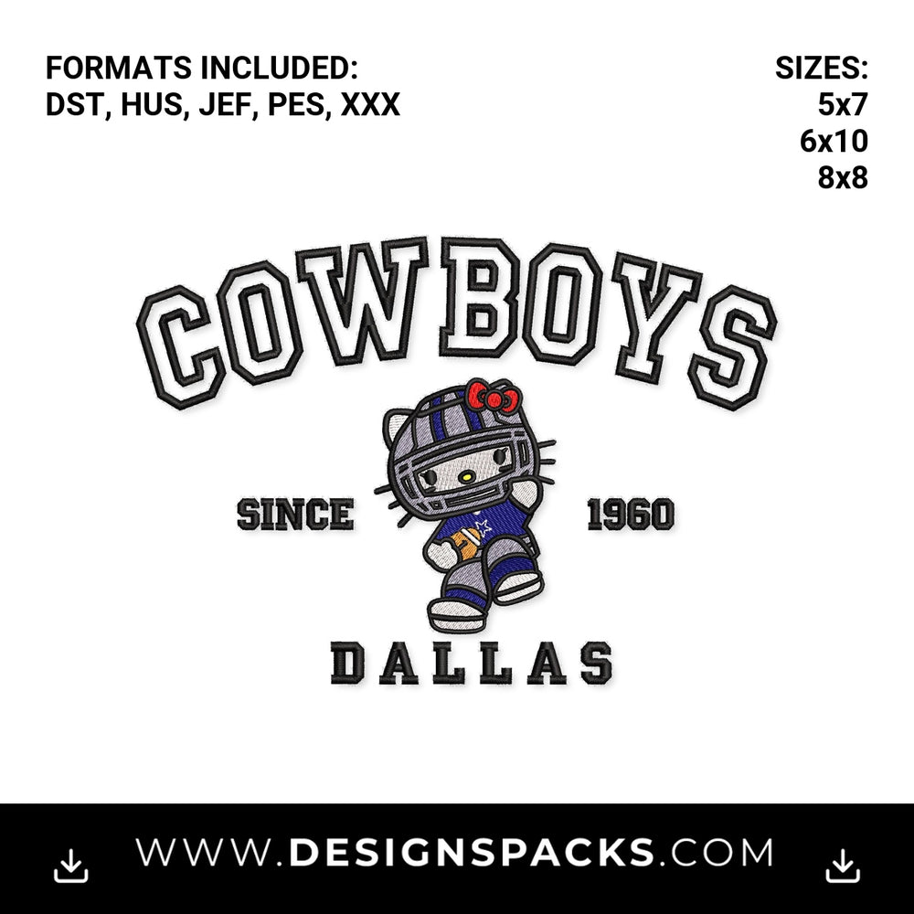 Cute Kitty Dallas Cowboys Football Embroidery Design - Instant digital download pattern at Designspacks.com