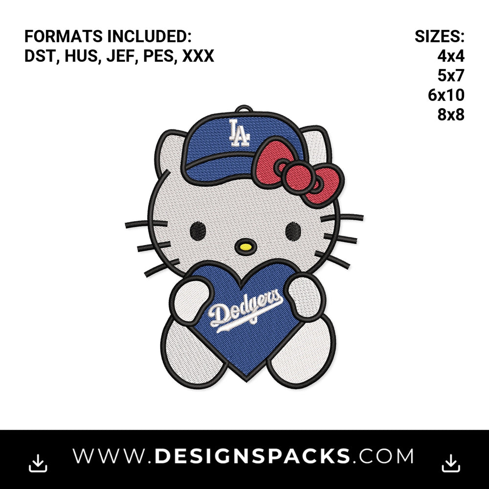 LA Dodgers Hello Kitty Baseball Heart Embroidery Design - Instant digital download pattern at Designspacks.com