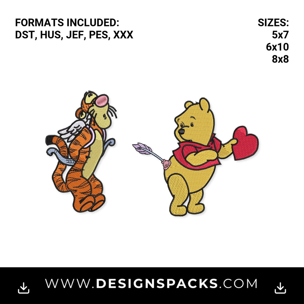 Cupid Tigger and Pooh Bear Valentine Embroidery Design - Instant digital download pattern at Designspacks.com