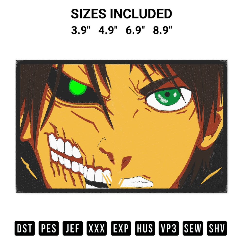 Stitch like a pro with the Anime Eren Yeager Attack On Titan Embroidery Design embroidery pattern from Designspacks.com. High-quality digital machine embroidery file. Available sizes: 3.9", 4.9", 6.9", 8.9".