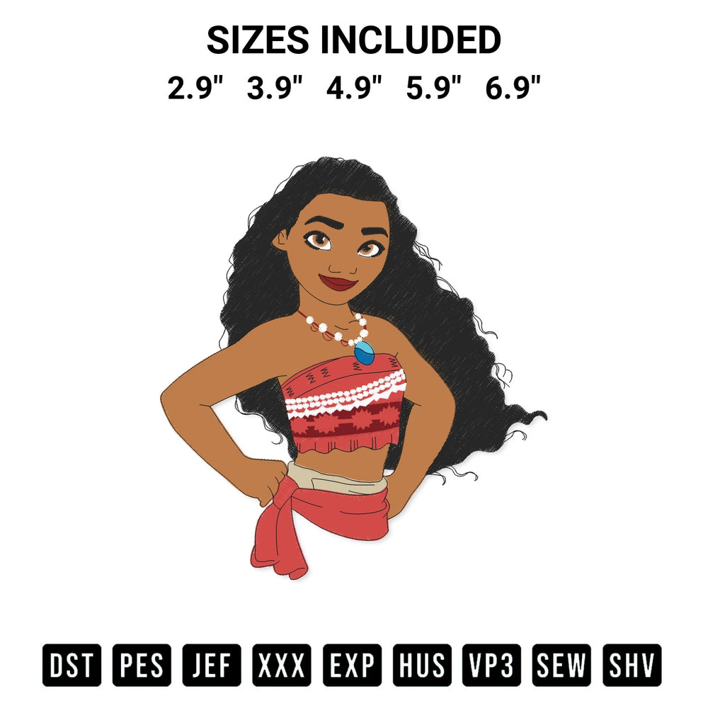 Discover the perfect addition to your crafting collection: Princess Moana Embroidery Design embroidery file. Instantly available at Designspacks.com. Available sizes: 2.9", 3.9", 4.9", 5.9", 6.9".