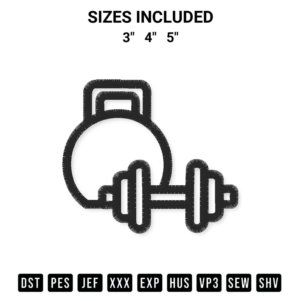 Add a unique touch to your apparel with the Kettlebell And Dumbbell Silhouettes Embroidery Design embroidery file. Premium instant download available now on Designspacks.com. Available sizes: 3", 4", 5".