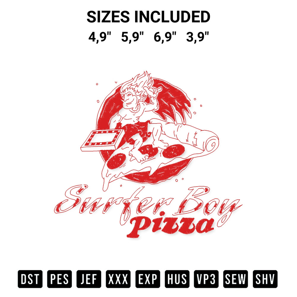 Elevate your next project with our Surfer Boy Pizza Logo Embroidery Design embroidery file. Shop high-quality digital patterns instantly at Designspacks.com. Available sizes: 4,9", 5,9", 6,9", 3,9".
