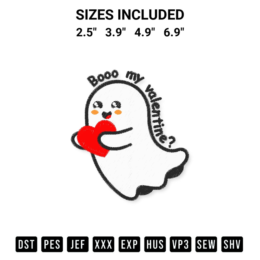 Create amazing crafts with the Be My Valentine Cute Ghost Embroidery Design embroidery file. High-quality digital download from Designspacks.com, perfect for beginners and pros. Available sizes: 2.5", 3.9", 4.9", 6.9".