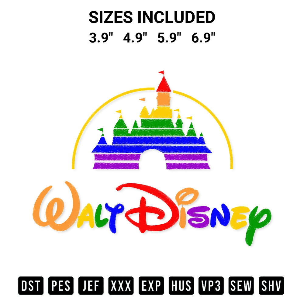 Add a unique touch to your apparel with the Walt Disney Castle Lgbt Embroidery Design embroidery file. Premium instant download available now on Designspacks.com. Available sizes: 3.9", 4.9", 5.9", 6.9".