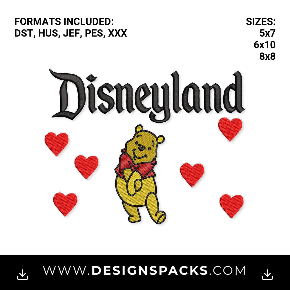 Disneyland Winnie the Pooh with Hearts Embroidery Design - Instant digital download pattern at Designspacks.com