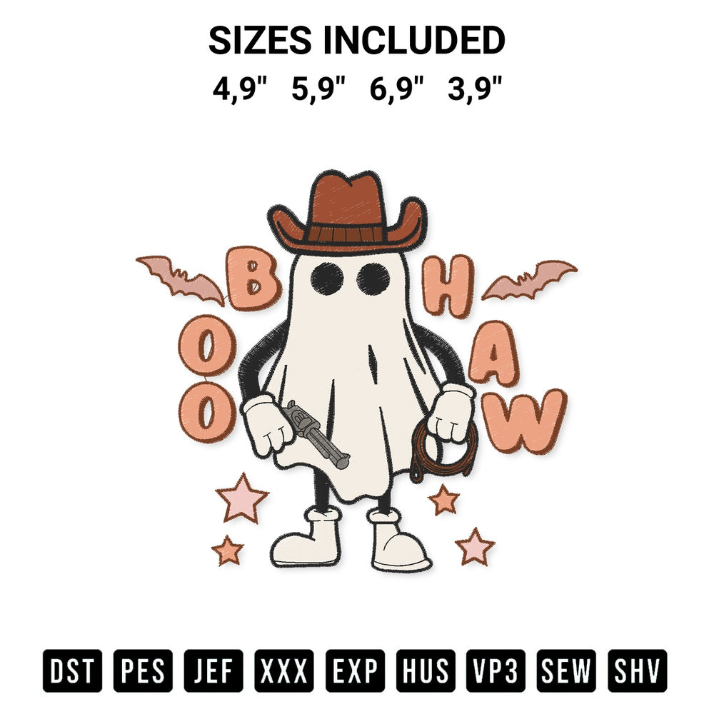 Transform your fabrics with the Howdy Boo Haw Cowboy Ghost Boo Haw Halloween Western Ghost Logo Embroidery Design embroidery design. Instant access to premium digitized patterns at Designspacks.com. Available sizes: 4,9", 5,9", 6,9", 3,9".