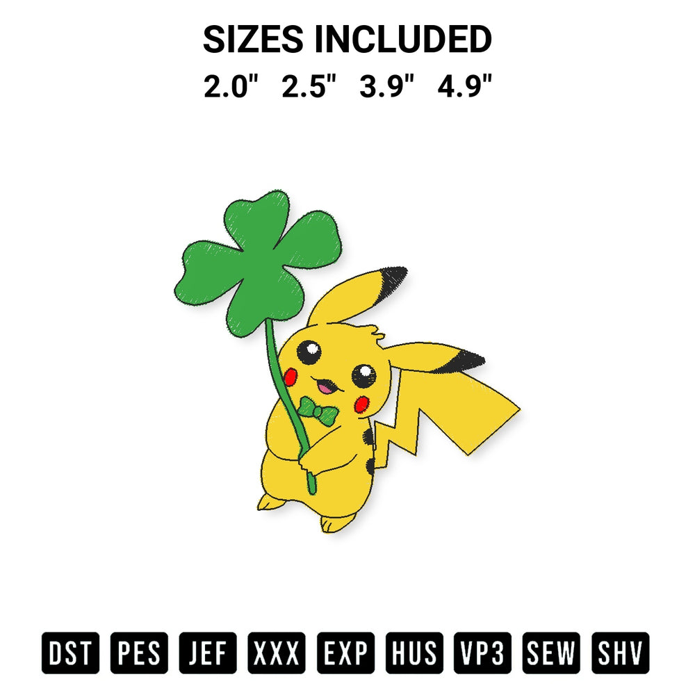 Create amazing crafts with the Pikachu Shamrock Embroidery Design embroidery file. High-quality digital download from Designspacks.com, perfect for beginners and pros. Available sizes: 2.0", 2.5", 3.9", 4.9".