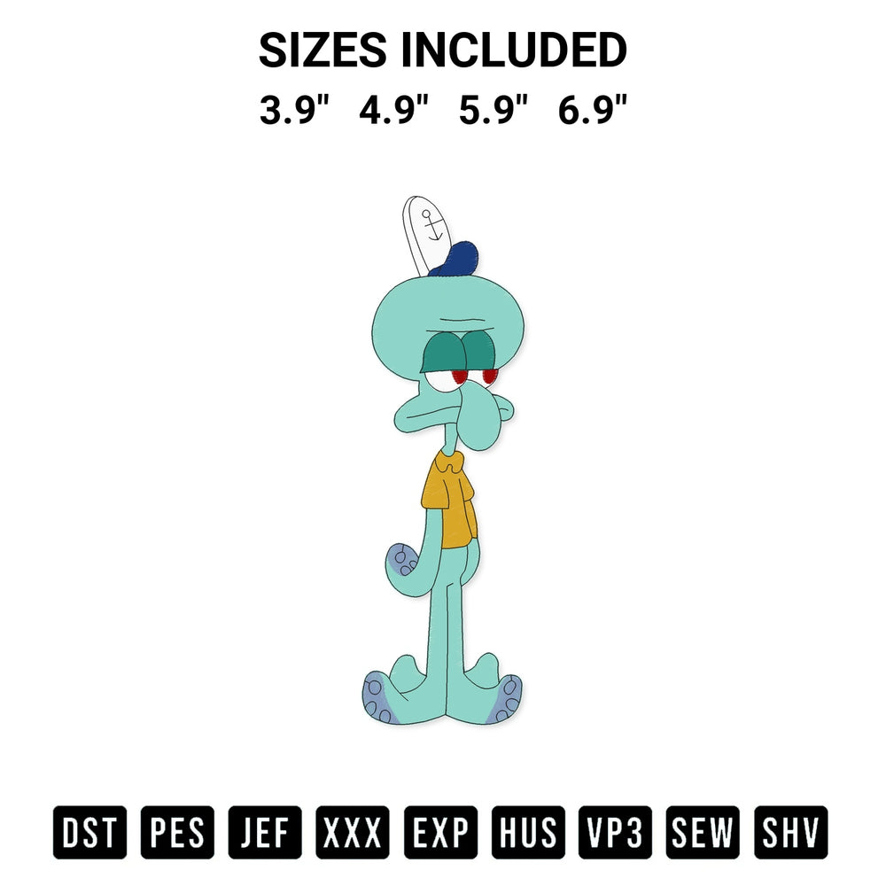 Transform your fabrics with the Squidward Tentacles Embroidery Design embroidery design. Instant access to premium digitized patterns at Designspacks.com. Available sizes: 3.9", 4.9", 5.9", 6.9".