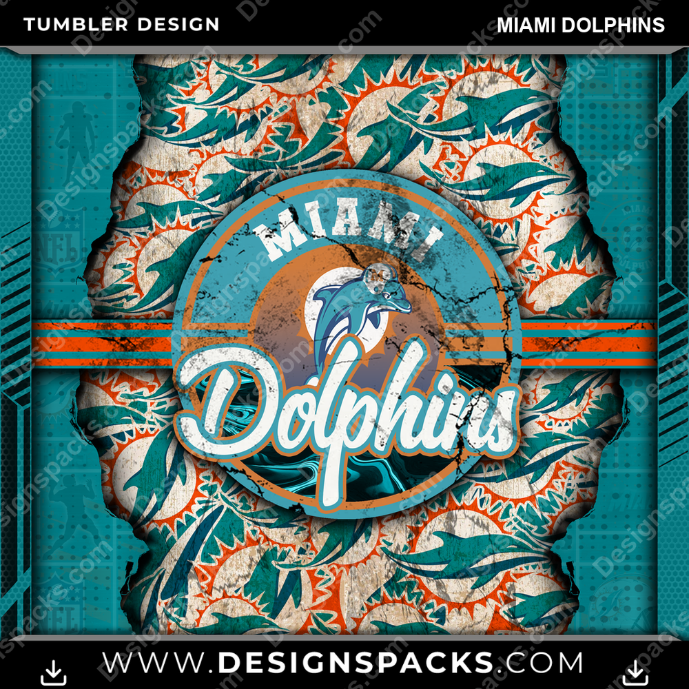 Diseño digital de envoltura para termo de los Miami Dolphins con tema de fútbol americano