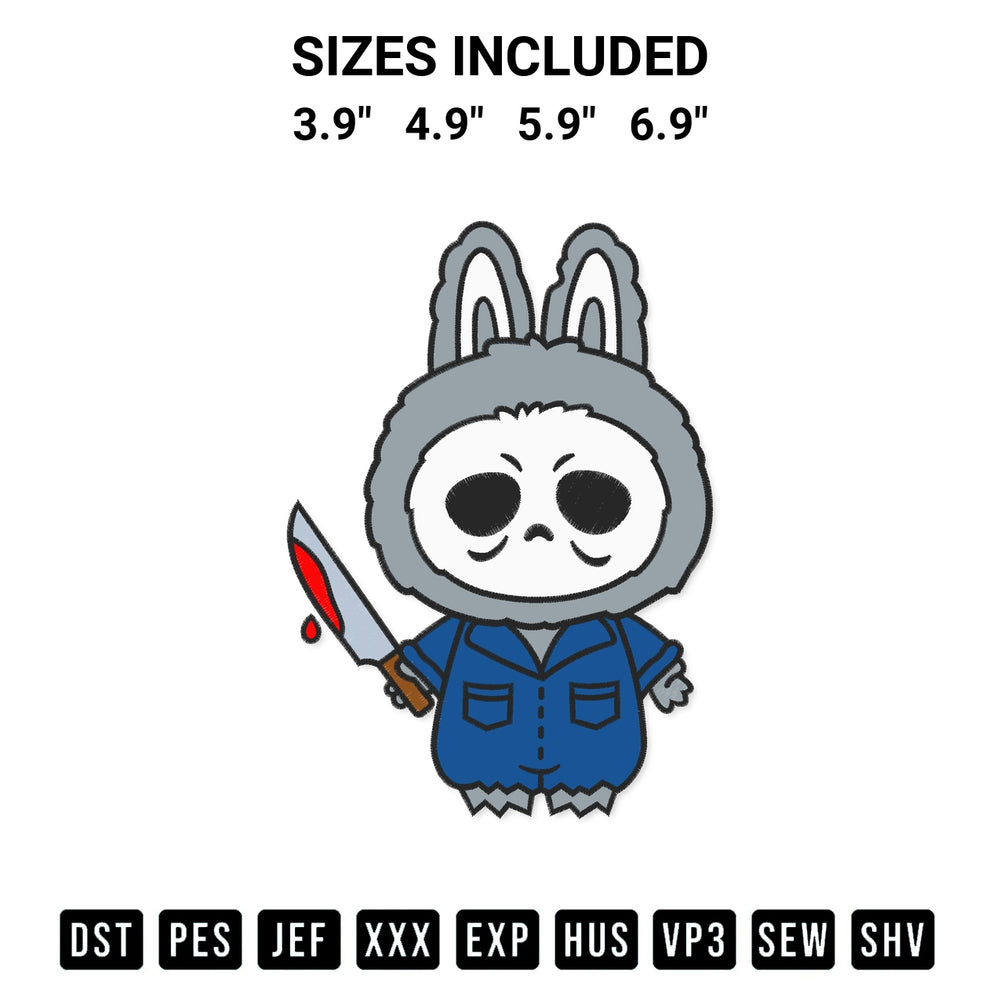 Download the Michael Myers Labubu Embroidery Design machine embroidery design exclusively at Designspacks.com. Premium digitized pattern for apparel and DIY crafts. Available sizes: 3.9", 4.9", 5.9", 6.9".