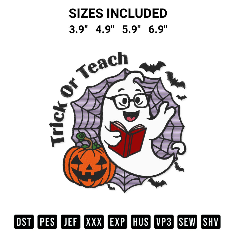 Shop the Trick Or Teach Ghost Embroidery Design machine embroidery pattern at Designspacks.com. Beautifully digitized for flawless stitching on any fabric. Available sizes: 3.9", 4.9", 5.9", 6.9".