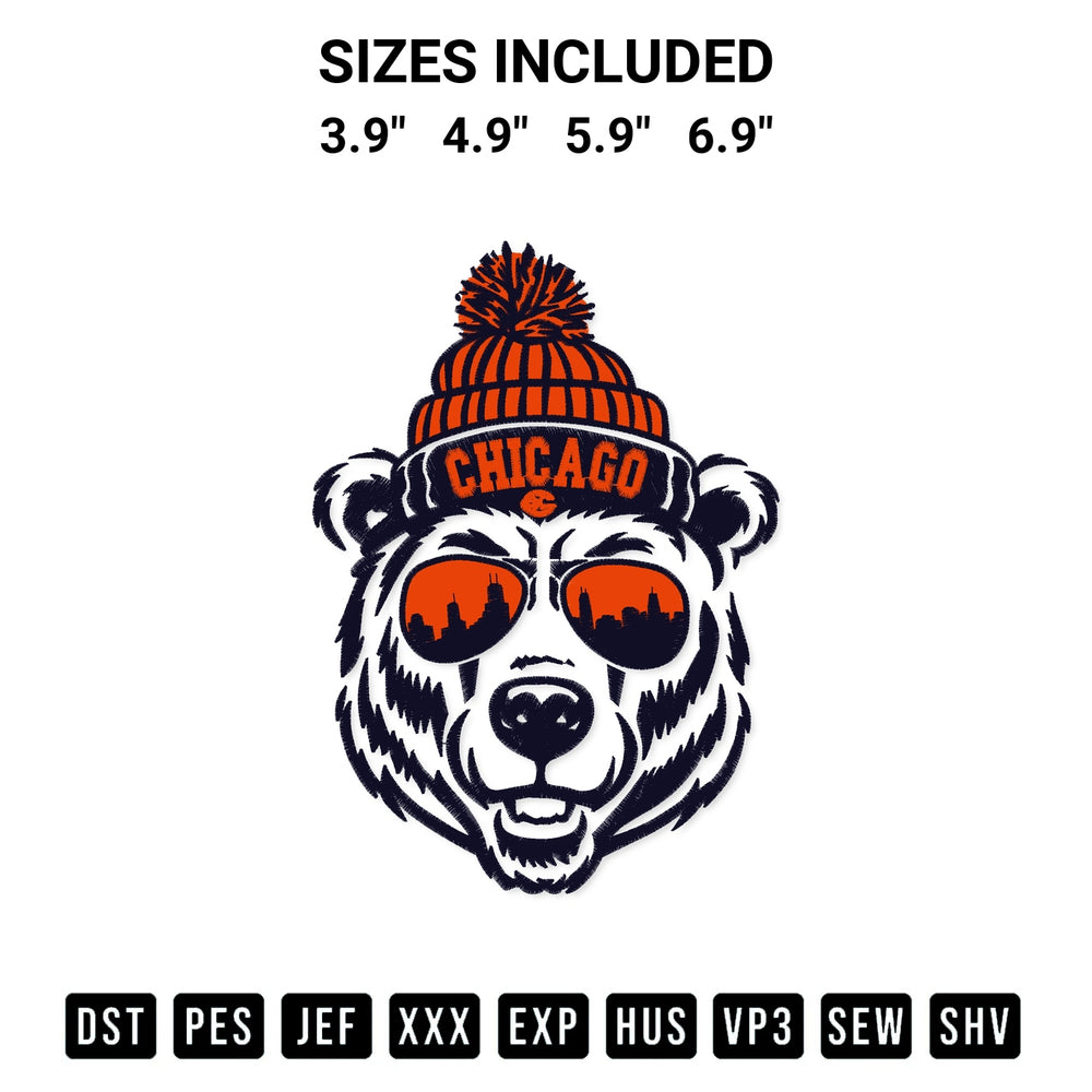 Transform your fabrics with the Chicago Bears Sunglasses City Skyline Embroidery Design embroidery design. Instant access to premium digitized patterns at Designspacks.com. Available sizes: 3.9", 4.9", 5.9", 6.9".
