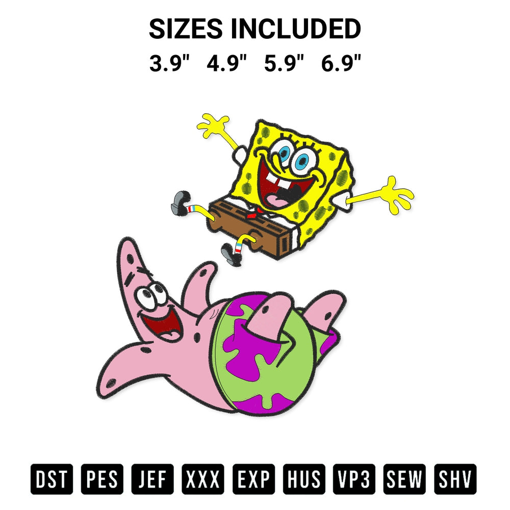 Add a unique touch to your apparel with the Spongebob And Patrick Star Embroidery Design embroidery file. Premium instant download available now on Designspacks.com. Available sizes: 3.9", 4.9", 5.9", 6.9".