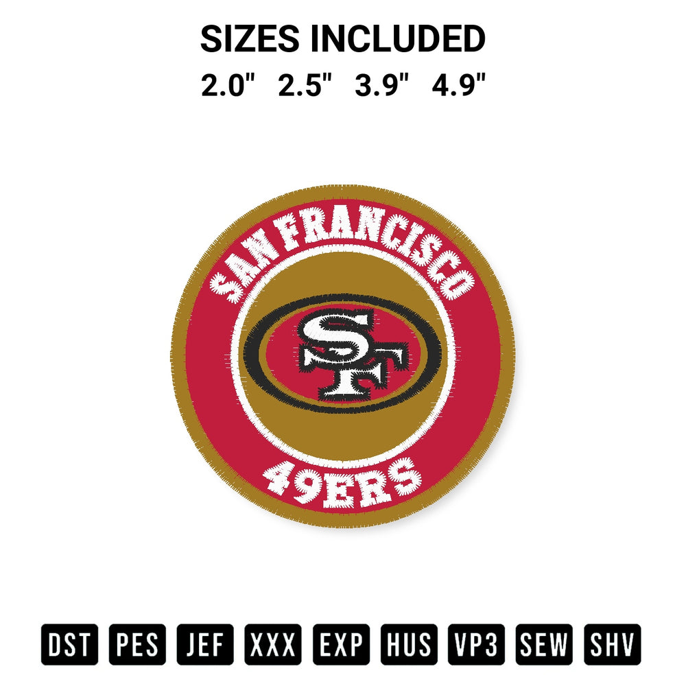 Add a unique touch to your apparel with the Nfl San Francisco 49Ers Logo Embroidery Design embroidery file. Premium instant download available now on Designspacks.com. Available sizes: 2.0", 2.5", 3.9", 4.9".