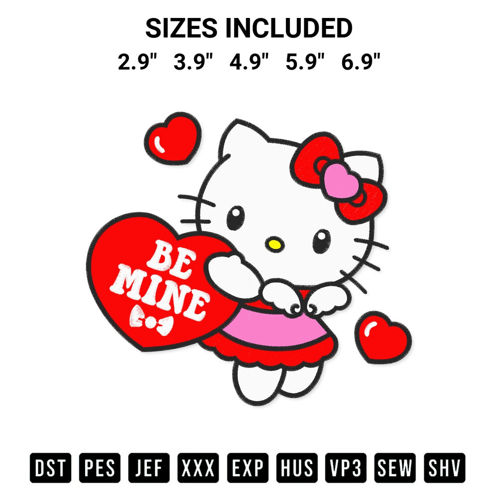 Create amazing crafts with the Hello Kitty Holding Heart Be Mine Embroidery Design embroidery file. High-quality digital download from Designspacks.com, perfect for beginners and pros. Available sizes: 2.9", 3.9", 4.9", 5.9", 6.9".
