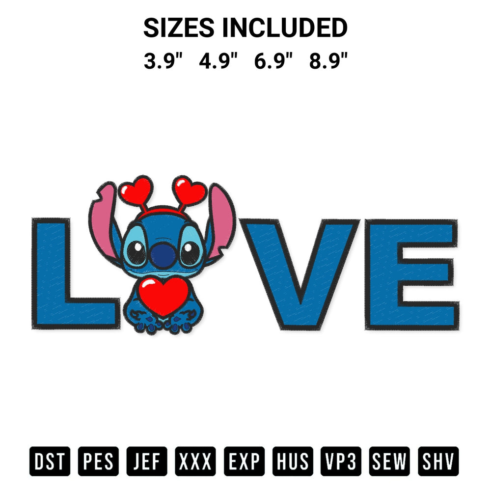 Download the Stitch Love Disney Valentine Embroidery Design machine embroidery design exclusively at Designspacks.com. Premium digitized pattern for apparel and DIY crafts. Available sizes: 3.9", 4.9", 6.9", 8.9".