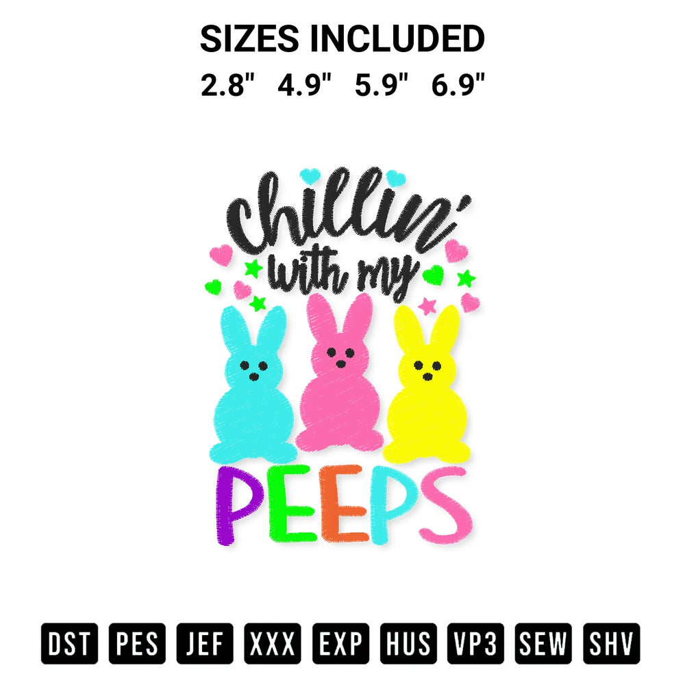 Transform your fabrics with the Chillin With My Peeps Embroidery Design embroidery design. Instant access to premium digitized patterns at Designspacks.com. Available sizes: 2.8", 4.9", 5.9", 6.9".
