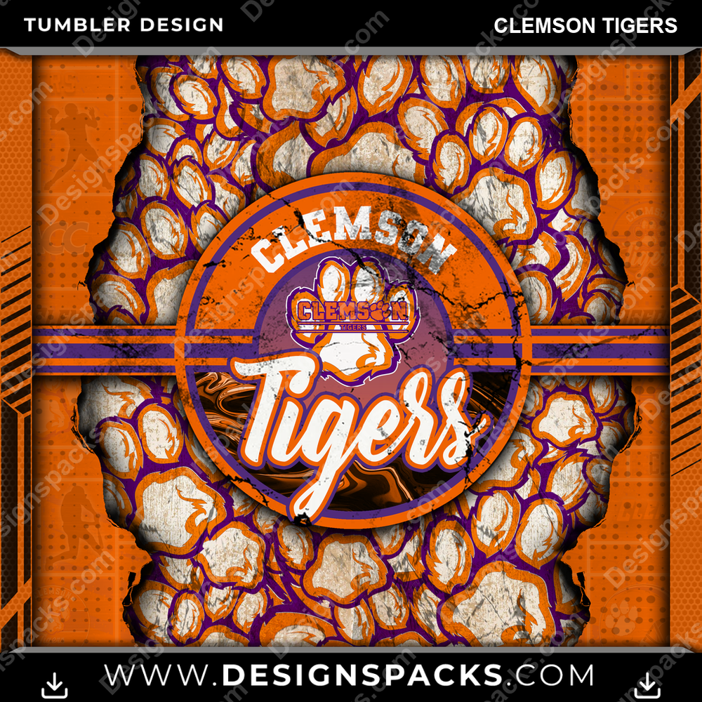 College Sport Ripped Clemson Tigers Tumbler Digital Wrap Design