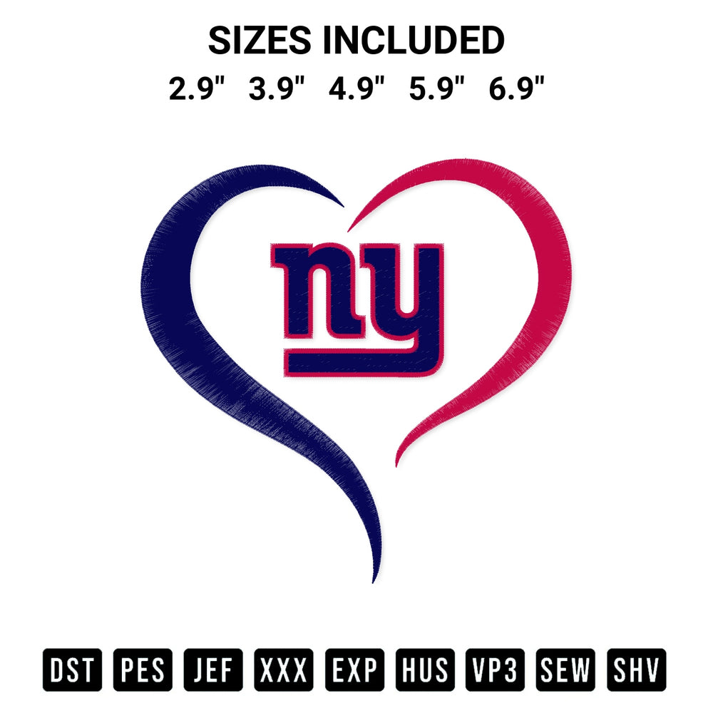 Download the New York Giants Heart Embroidery Design machine embroidery design exclusively at Designspacks.com. Premium digitized pattern for apparel and DIY crafts. Available sizes: 2.9", 3.9", 4.9", 5.9", 6.9".