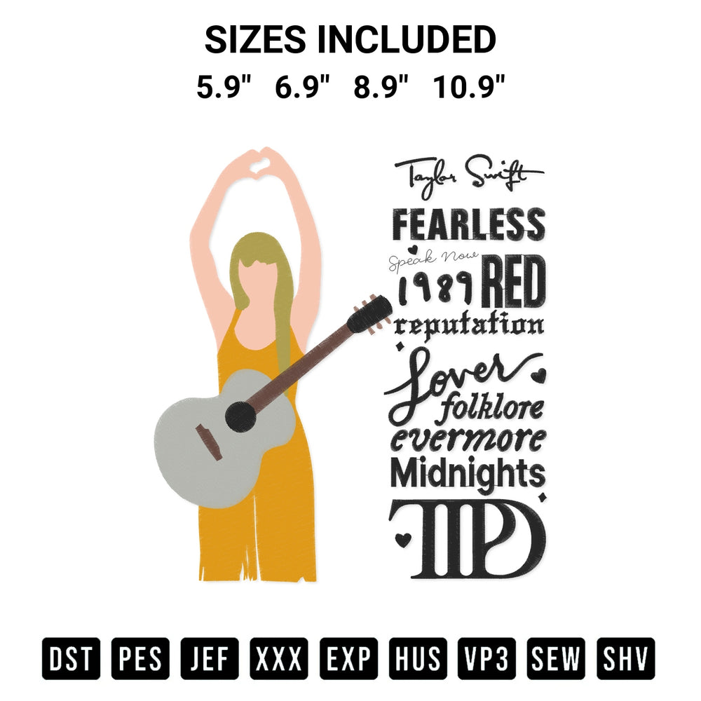 Add a unique touch to your apparel with the Taylor Swift Albums Midnights Ttpd Embroidery Design embroidery file. Premium instant download available now on Designspacks.com. Available sizes: 5.9", 6.9", 8.9", 10.9".