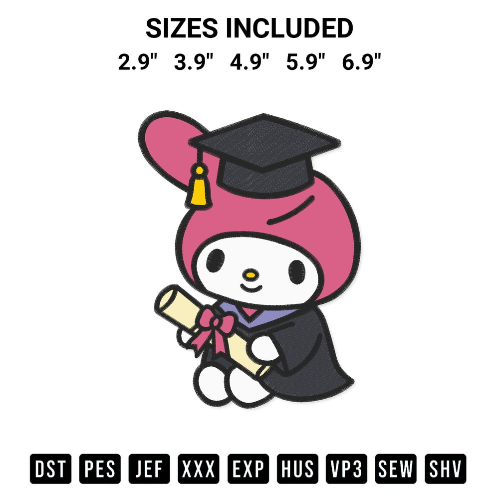 Discover the perfect addition to your crafting collection: My Melody Graduation Embroidery Design embroidery file. Instantly available at Designspacks.com. Available sizes: 2.9", 3.9", 4.9", 5.9", 6.9".